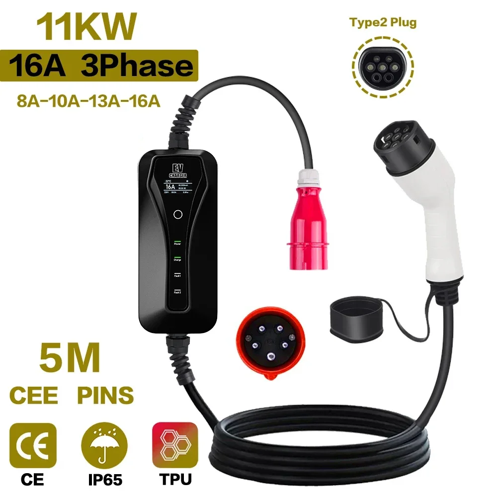 Type 2 Portable Ev Charger 11Kw Cee - ポータブル電気自動車充電器,11kW,16A,タイプ2,調整可能,予約時間,充電ボックス,CEEプラグIEC62196-2