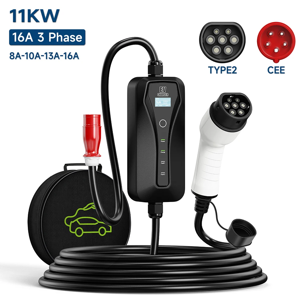 Type 2 Portable Ev Charger 11Kw Cee - 電気自動車充電器,ポータブル電気自動車充電ボックス,11kW,16A,タイプ2,evse,IEC62196-2