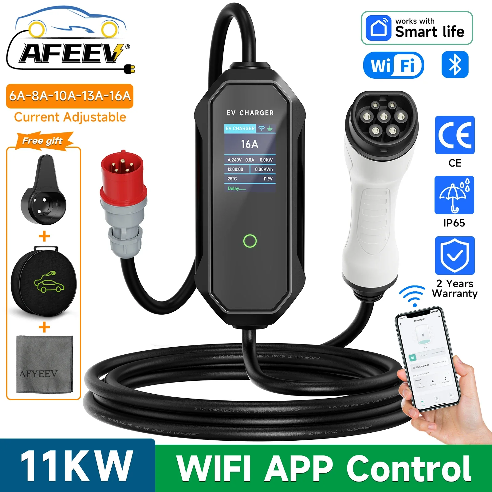 Type 2 Portable Ev Charger 11Kw Cee - Afev-ポータブル電気充電器、急速充電ケーブル、CEEプラグ、Wifiアプリ、Bluetooth制御、11kw、16a、3相ウォレットボックス、IEC62196-2、evse